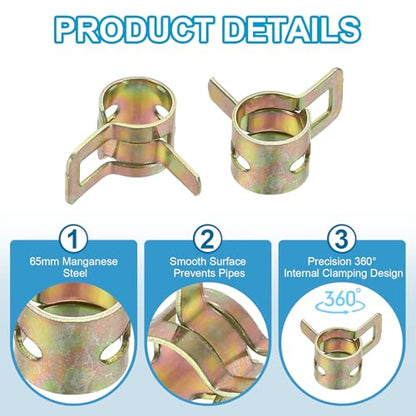 PATIKIL Spring Band Hose Pipe Clamps for 8-9.2 mm OD Hose, 50 Pack Silicone Vacuum Constant Tension Band Clips for Fuel Line Silicone Air Hose Tube Water Pipe, Gold - size: 8-9.2 mm