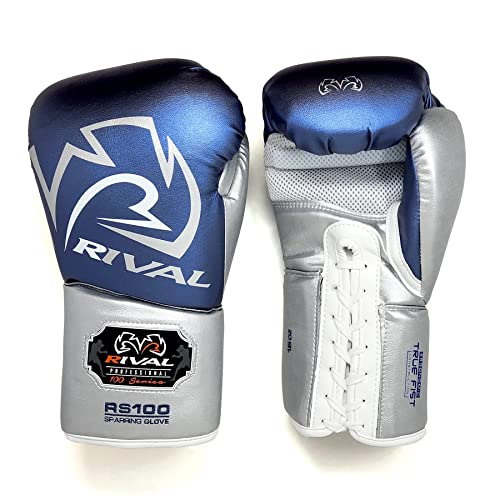 RIVAL Boxing RS100 Professional Lace-Up Sparring Gloves, Handcrafted with Super-Rich Microfiber PU, Ergonomically Designed to Perfectly Fit Your Hand - color: Blue/Silver, size: 14 oz.