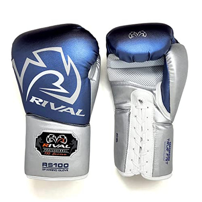 RIVAL Boxing RS100 Professional Lace-Up Sparring Gloves, Handcrafted with Super-Rich Microfiber PU, Ergonomically Designed to Perfectly Fit Your Hand - color: Blue/Silver, size: 14 oz.