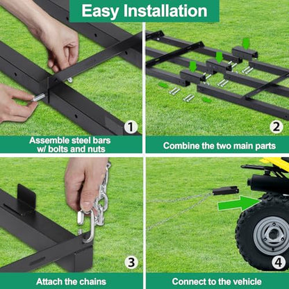 8 FT Drag Harrow Driveway Grader with 6 FT Chain | Tow Behind Lawn Rake for ATV, UTV, Tractor, Mower, Land Leveler for Gravel, Sand, Soil, Hay - size: 8 FT