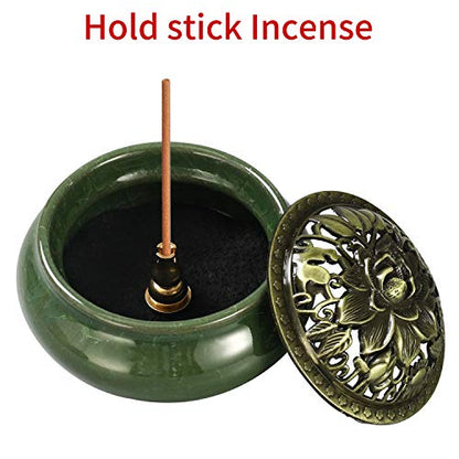 Miupoo Stick Incense Burner and Cone Incense Holder with Brass Incense Stick Holder Ceramic Ash Catcher (Dark Green) - color: Dark Green