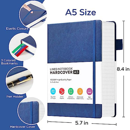 FOCUS DAY Thick Notebook Journal, Leather A5 Notebooks College Ruled 320 Pages Lined Paper Notebooks, Hardcover Journal Notebook for Writing Women and Men, 5.7'' X 8.4'', Dark Blue - color: 1.Blue, size: A5