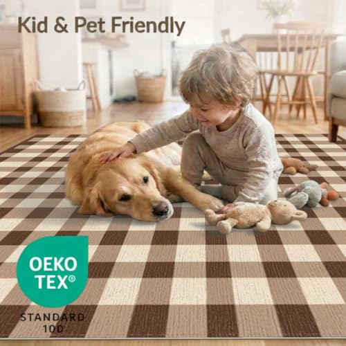 8'x10' Washable Flatwoven Rug, Beige Farmhouse Plaid Stain Resistant Extra Large Carpet Non-Slip Chair-Friendly Mat for Dining Room, Large Office, Lounge | Ref:1910430 - color: Beige/Pattern 31, size: 8' x 10' (Rectangular)