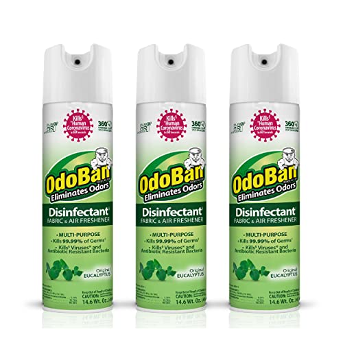 OdoBan Ready-to-Use 360-Degree Continuous Spray Disinfectant and Harsh Aroma Eliminator, Fabric and Air Freshener, 3 Pack, 14.6 Ounces Each, Original Eucalyptus Scent Clear - size: 14.6 Fl Oz (Pack of 3)