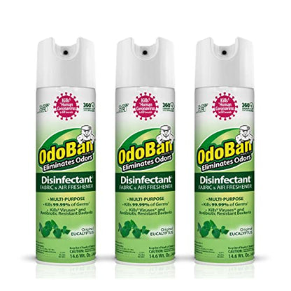 OdoBan Ready-to-Use 360-Degree Continuous Spray Disinfectant and Harsh Aroma Eliminator, Fabric and Air Freshener, 3 Pack, 14.6 Ounces Each, Original Eucalyptus Scent Clear - size: 14.6 Fl Oz (Pack of 3)