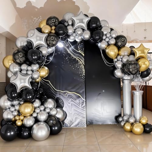 Black and Gold Balloons, Black Silver Gold Balloons, Silver Star Fireworks Printed Balloon With Star Foil Balloon For New Year Retirement Graduation Birthday Baby Shower Party Wedding Celebration - color: Black Silver Gold