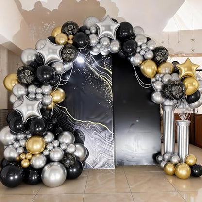 Black and Gold Balloons, Black Silver Gold Balloons, Silver Star Fireworks Printed Balloon With Star Foil Balloon For New Year Retirement Graduation Birthday Baby Shower Party Wedding Celebration - color: Black Silver Gold
