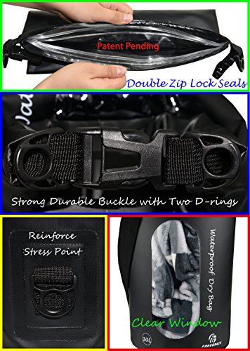 Freegrace Waterproof Dry Bag Set of 3 - Submersible Dry Sack with Double Zip Lock Seals - Includes Waist Pouch & Phone Case - Perfect for Kayaking, Swimming, Boating & Rafting (Black(Window), 10L) - color: Black, size: 10L, style: Window
