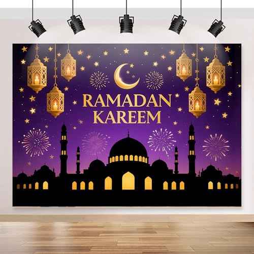 Ramadan Mubarak Backdrop 70.8x43.3 inch, for Muslim Ramadan Kareem Party Decorations, Eid Mubarak Sign Photo Booth for Home Muslim Eid Al Fitr Party (Purple) - color: Purple