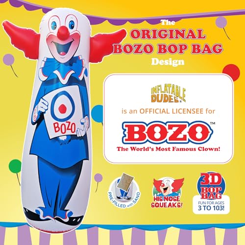 INFLATABLE DUDES Bozo the Clown 47 Inches – The Original Bop Bag Design | Kids Punching Bag | Already Filled with Sand | Punching Bag for Kids | Target | His Nose Squeaks! - (Officially Licensed)