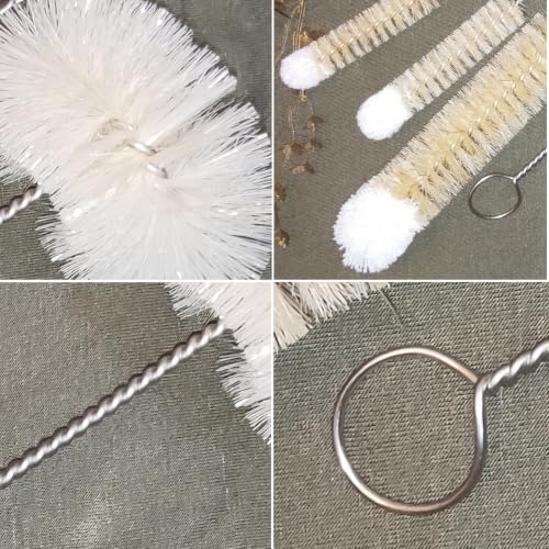 Bottle Brushes Thin Long Handle X 4, Natural Boar Bristle Set | Slim Stainless Steel Bendable Flexible Wire Cleaner, 3 Pcs with Wool Tip for Narrow Neck Bottles & Round for Wide Mouth Jars