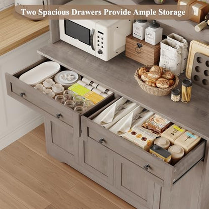 HOSTACK Kitchen Pantry Storage Cabinet, Coffee Bar Hutch Cabinet, Ash Gray | 75.4" Tall Pantry Cabinet with Charging Station / Countertop / Glass Doors / Wine Rack / Cup Holder / Drawers, Dining Room - color: Ash Gray