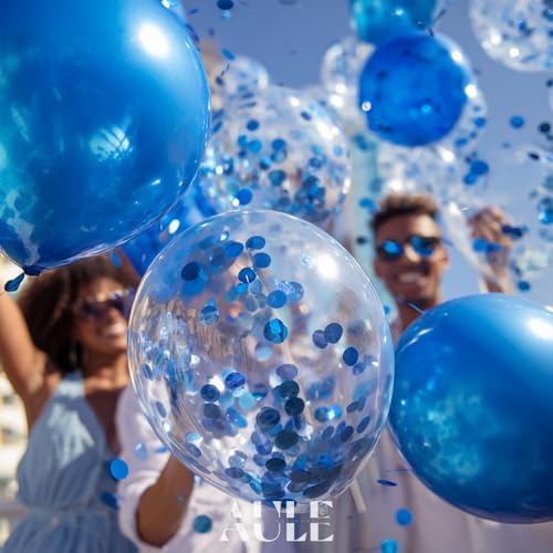 AULE Party Balloons Pack of 42 - Metallic Blue Balloons and Blue Confetti Balloons With 64ft Ribbons 12 Inch Chrome Latex Helium Balloon Decoration Set - color: Blue