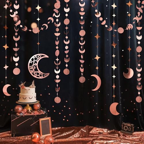 Cheerland Star Moon Garlands Party Decorations New Year Eve Decor Boho Celestial Moroccan Birthday Decor Hanging Streamer Crescent Stars Whimsical Ramadan EID Mubarak Rose Gold Party Supplies - color: Rose Gold