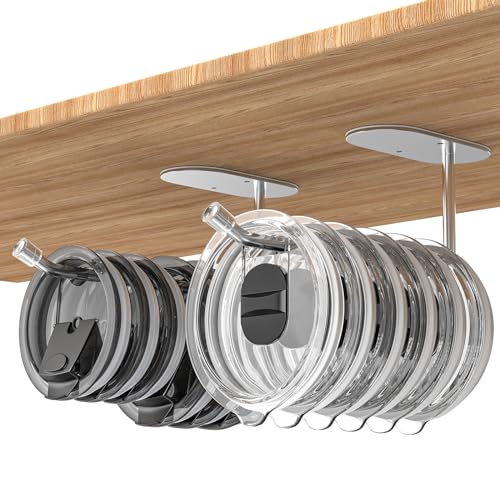 Tumbler Lid Organizer 2 Pack, Silver Cup Lid Hook Used Cabinet Under or in | 2 Pack Lid Organizer, Under Cabinet Storage Rack with Adhesive/Screw Options, Space Saving Holder for Modern Cup Lids Kitchen - color: Silver