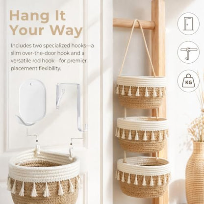 Hanging Basket, Over Door Organizer, 3 -Tier Wall Basket with Hooks | Woven Cotton Basket, Adjustable Hanging Baskets for Organizing, No Drilling for Farmhouse, Boho Home and Nursery Decor - style: Tassel