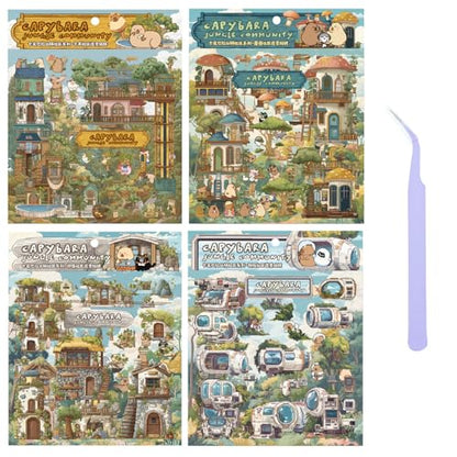 Girls DIY Miniature 3D Scene Stickers, 4 Sets, for Crafts and Scrapbooking | Jungle Community DIY House Stickers for Tribe, Technology, Mushrooms, Art, Cute 3D Cartoon Sticker Scenes,for Adult and Kids - style: Jungle Community