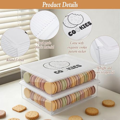 2 Pack Stackable Cookie Storage Containers Airtight with Lids, Large Plastic Cookie Storage Case Clear Cookies Holder Box for Baked Biscuits, Snacks, Dumplings, Fruit