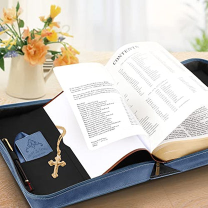 FINPAC Large Classic Bible Cover Vegan Leather Carrying Book Case Church Bag Bible Protective with Handle, Gift for Men, Women, Father, Mother, Friends, Blue - color: Blue