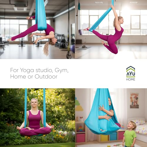 AyuHome Aerial Silks Kit for Home - Premium Yoga Swing for Adults with 660 lbs Capacity - Versatile Aerial Yoga Hammock for Gymnastics Training - color: Aerial silk - Blue New