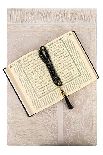 ihvan online Prayer Gift Box for Hajj and Umrah, Quran with English Translation, Muslim Prayer Rug, Islamic Mat, Holy Quran,99 Pearly Beads Tesbih, Islamic Deluxe Set for Ramadan & Eid Gift - color: Black / Set 1