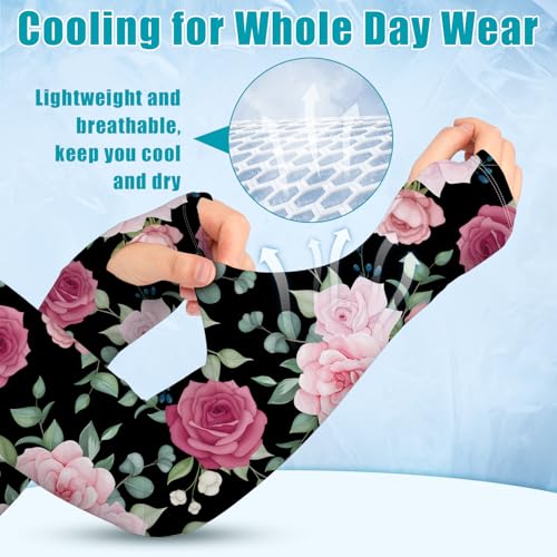 Bebila Gardening Sleeves for Women Farm UV Sun Protection Anti-Scratch Cooling Sleeves with Thumb Hole Arms Cover Outdoors - color: Black Rose