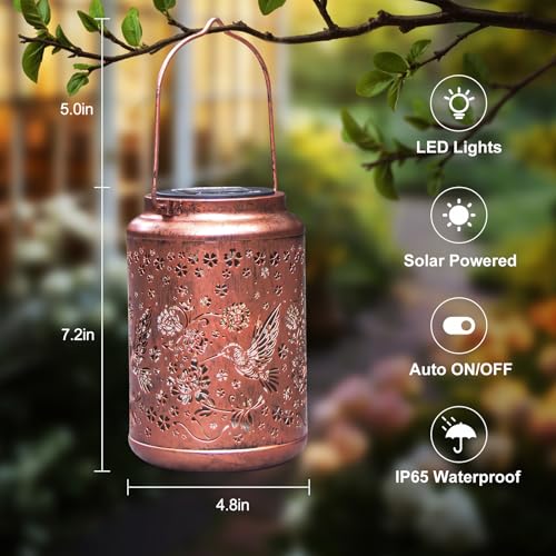 YISITEONE Hummingbird Outdoor Solar Lanterns, Garden Waterproof Metal Hanging Decor Lights for Patio Yard Pathway Lawn Front Porch, Birthday Gardening Gifts for Women Mom Grandma - style: Hummingbird
