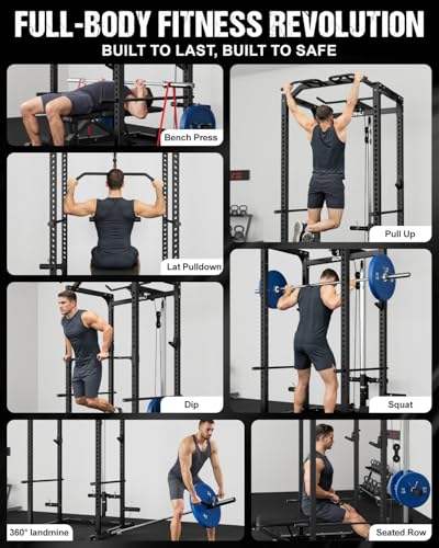 C1-V4 Power Cage, 2000LBS Squat Rack with LAT Pulldown, Multi-Function Weight Cage Strength Training Machine, Workout Cage with More Attachments for Home Gym Garage - style: 340Lbs Home Gym Package Black