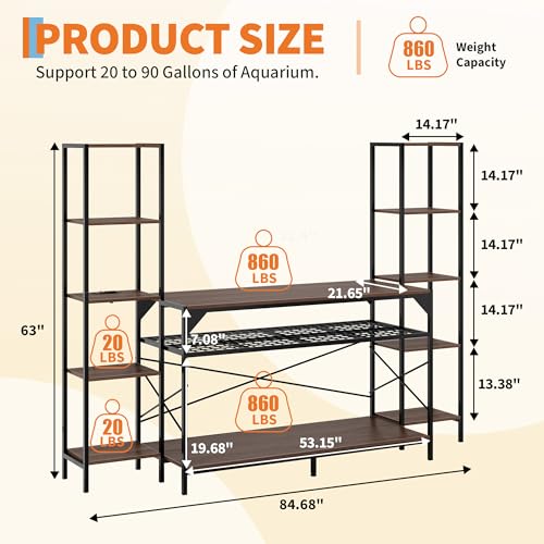 20-90 Gallon Fish Tank Stand, Aquarium Stand with Power Outlet, Heavy-Duty Reptile Terrarium Stand Featuring 12-Leg Support & 4-Tier Storage Shelves, Multipurpose Aquarium Table, Supports Up to 860lbs Load Capacity