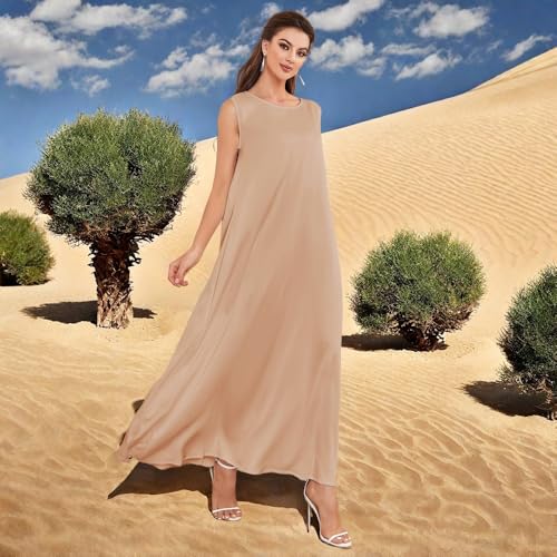 Modest Sleeveless Inner Dress for Abaya Muslim Women Maxi Long Slip Under Dress Prayer Islamic Dubai TurkeyJilbab Clothing - color: Khaki, size: Small