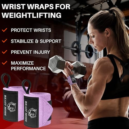 TECEUM Weightlifting 18" & 12" Wrist Wraps with Thumb Loop – Heavy Duty Wrist Workout Braces for Men and Women – Ideal for Powerlifting, Strength Training, Bodybuilding - color: Pink, style: 12" – Arms on Fire