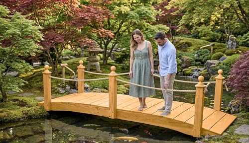 12 FT Oak Amish Rope Rail Garden Bridge, Pinewood - size: 12 FT Bridge & Rope