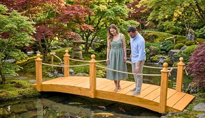 12 FT Oak Amish Rope Rail Garden Bridge, Pinewood - size: 12 FT Bridge & Rope