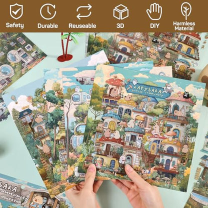 Girls DIY Miniature 3D Scene Stickers, 4 Sets, for Crafts and Scrapbooking | Jungle Community DIY House Stickers for Tribe, Technology, Mushrooms, Art, Cute 3D Cartoon Sticker Scenes,for Adult and Kids - style: Jungle Community
