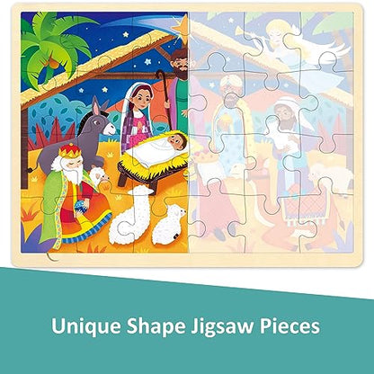 Wooden Nativity Puzzle for Kids 3 Year Old, 24 Piece Puzzles for Kids Ages 3-5 with Tray, Nativity Set Christmas Wooden Jigsaw Puzzle for Toddlers Ages 3 4 5 - style: 24 Piece