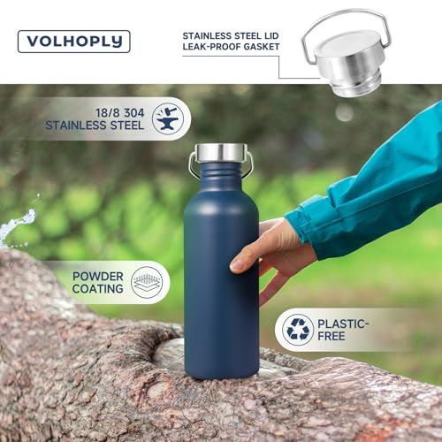 Volhoply 32oz Uninsulated Single Walled Water Bottle, Stainless Steel Sports Water Bottles with Handle, BPA Free Lightweight Water Bottles for Hiking, Biking, Running（Navy,1） - color: Navy