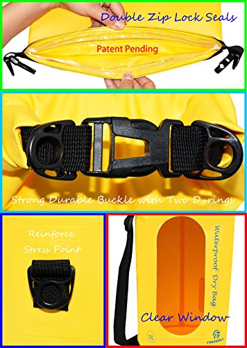 Freegrace Waterproof Dry Bag Set of 3 - Submersible Dry Sack with Double Zip Lock Seals - Includes Waist Pouch & Phone Case - Perfect for Kayaking, Swimming, Boating & Rafting (Yellow(Window), 5L) - color: Yellow, size: 5L, style: Window
