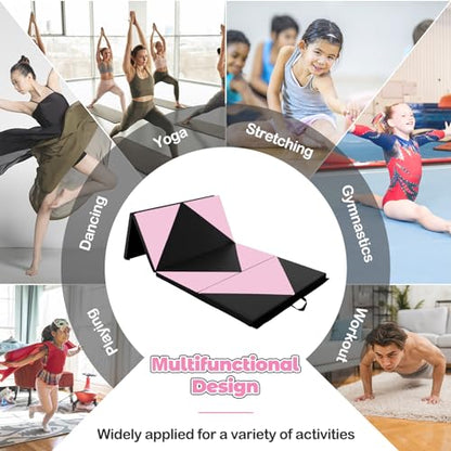 Giantex 4'x8' Gymnastics Mat, 2" Thick Folding Tumbling Mat with Carrying Handles, Foldable Gym Mat with Hook and Loop Fastener, Cheer Mats for Kids Adults Home Exercise Aerobics Fitness - color: Light Pink/Black