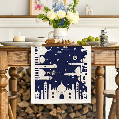 Artoid Mode Blue Silhouette Castle Camel Ramadan Table Runner, Seasonal Kitchen Dining Table Decoration for Home Party Decor 13x72 Inch