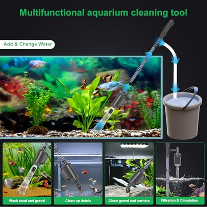 Electric Aquarium Gravel Cleaner with Strong Suction, Adjustable Water Flow, Auto Water Change & Sand Wash & Algae Remover, Low Water Level, 1.5m Hose & Telescopic Tube (36W, 580GPH)