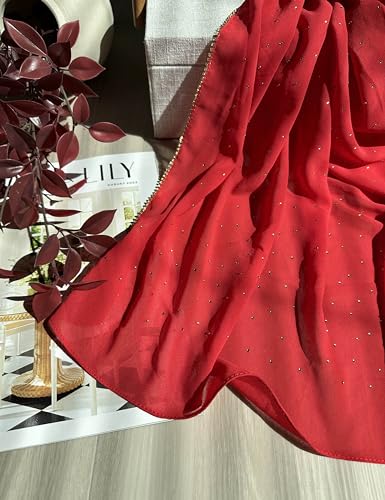 Hijab for Women Premium Chiffon Hijab Rhinestone Hijab Scraf for Women Muslim - color: Red