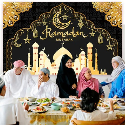 Ramadan Decorations for Home Black and Gold Eid Decorations Mubarak Backdrop Banner Ramadan Decor Hang Ramadan Mubarak Photography Banner Background Holiday Welcome Banner for Party Supplies