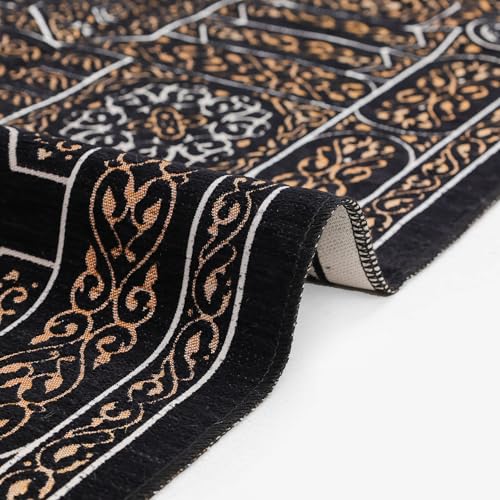 Mihrab Islamic Prayer Rug, Arabesque Velvet Janamaz and Sajadah | Geometric Motif, Black Prayer Mat with Gold Accents and Fringes, Elegant Turkish Namaz Rug for Men Women, 27 x 43 In - color: Black Kaaba Door
