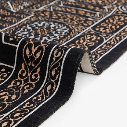 Mihrab Islamic Prayer Rug, Arabesque Velvet Janamaz and Sajadah | Geometric Motif, Black Prayer Mat with Gold Accents and Fringes, Elegant Turkish Namaz Rug for Men Women, 27 x 43 In - color: Black Kaaba Door