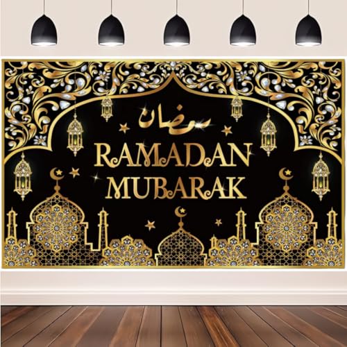 KYMY Ramadan Mubarak Backdrop – Muslim Ramadan Kareem Polyester Banner 70.9 x 43.3 Inch, Islamic Crescent Moon Star Lantern Mosque Photography Background for Eid al-Fitr Indoor Outdoor Decor - color: Black