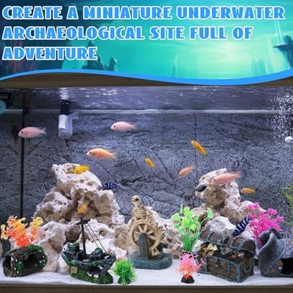 Kathfly 15 Pcs Large Resin Fish Tank Decorations, Aquarium Decor, Pirate Shipwreck, Treasure Chest, Broken Barrel, Pirate Captain Skeleton & Artificial Plants (Popular Style) - style: Classic