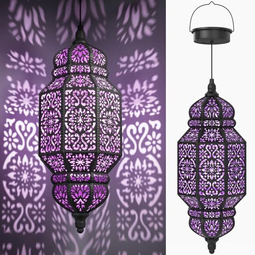 18 Inch High Large Hanging Solar Lights Outdoor Garden Decor, Decorative Waterproof Plastic Moroccan Solar Lantern Lamp, Outside Decorations for Patio Yard Porch Decor, Gardening Gifts for Women Mom - color: Black Purple, size: 1pack