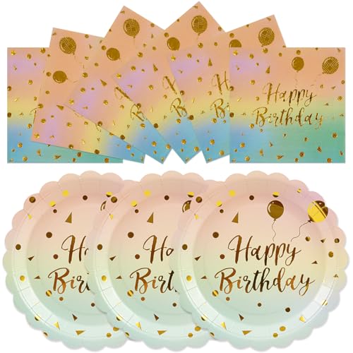 50PCS Happy Birthday Paper Plates and Napkins Set - 7 Inch Colorful and Gold Birthday Cake Plates Scalloped Dessert Plate Disposable Tableware for Birthday's Party Supplies Decorations - color: Rainbow Gold