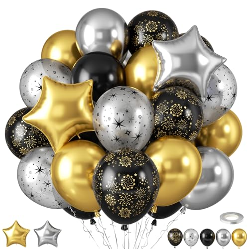Black and Gold Balloons, Black Silver Gold Balloons, Silver Star Fireworks Printed Balloon With Star Foil Balloon For New Year Retirement Graduation Birthday Baby Shower Party Wedding Celebration - color: Black Silver Gold