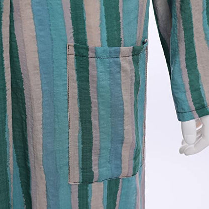 IDOPIP Men's Muslim Thobe Long Sleeve Striped Robe Gown Arab Islamic Kaftan Abayas Dress Middle East Dubai Ramadan Clothing - color: Green, size: Small